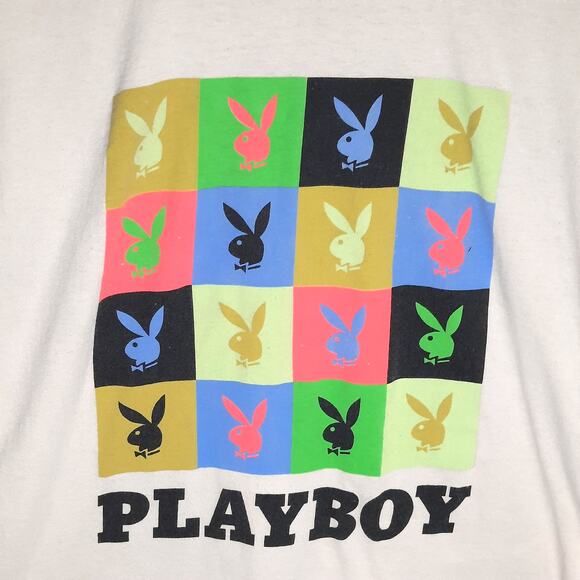 Playboy M Graphic T-Shirt Multicolor Logo Grid Beige Pop Art Style Streetwear - Picture 2 of 4